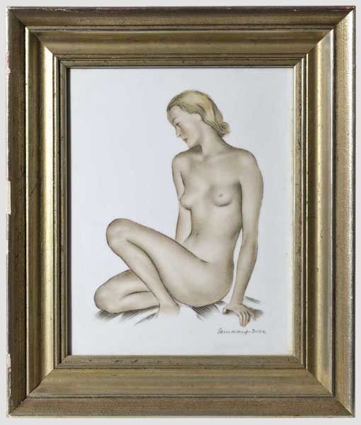 Professor Erhard Amadeus Dier – a study from the nude on Rosenthal tile  Coloured depiction, lower
