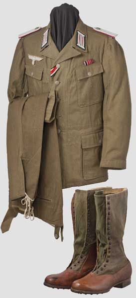 A field tunic, a pair of breeches and lace-up boots for an Afrikakorps officer  Tropical or southern