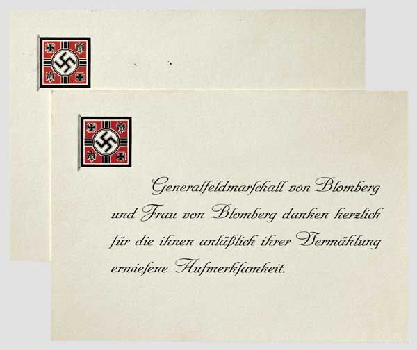 Werner von Blomberg - Briefkarte zur Vermählung 1938  Links oben farbiger Stander des