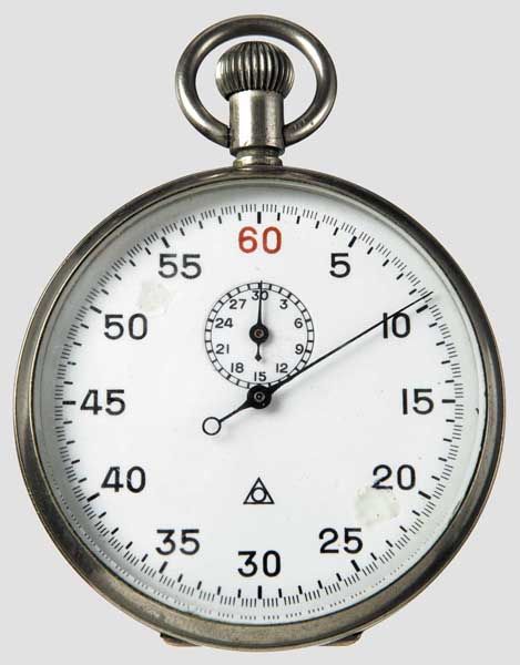 A Kriegsmarine timer/stop watch  Nickel silver case with rear hinged back plate, white enamel dial