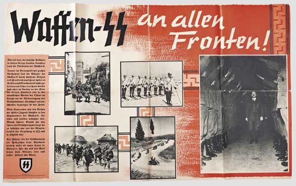 Plakat der Waffen-SS  Plakat "Waffen-SS an allen Fronten!", mehrfarbig gestaltet, Herausgeber "SS-