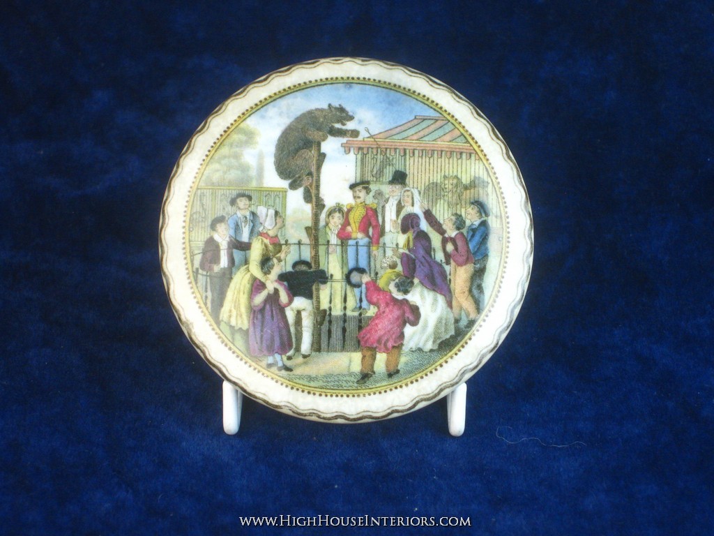 Old Pot Lid Prattware Bear`s Grease Village Scene - Slight staining and very very minor edge