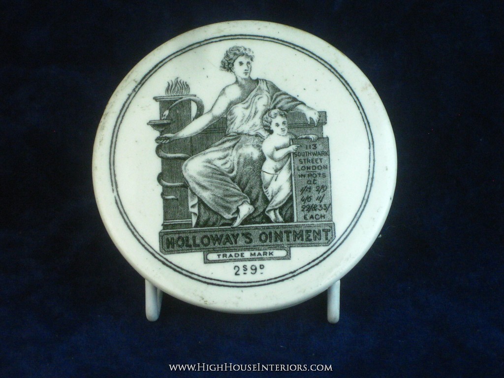 Old Pot Lid Holloway`s Ointment 2s 9d London - One small flake to rim and a few very small