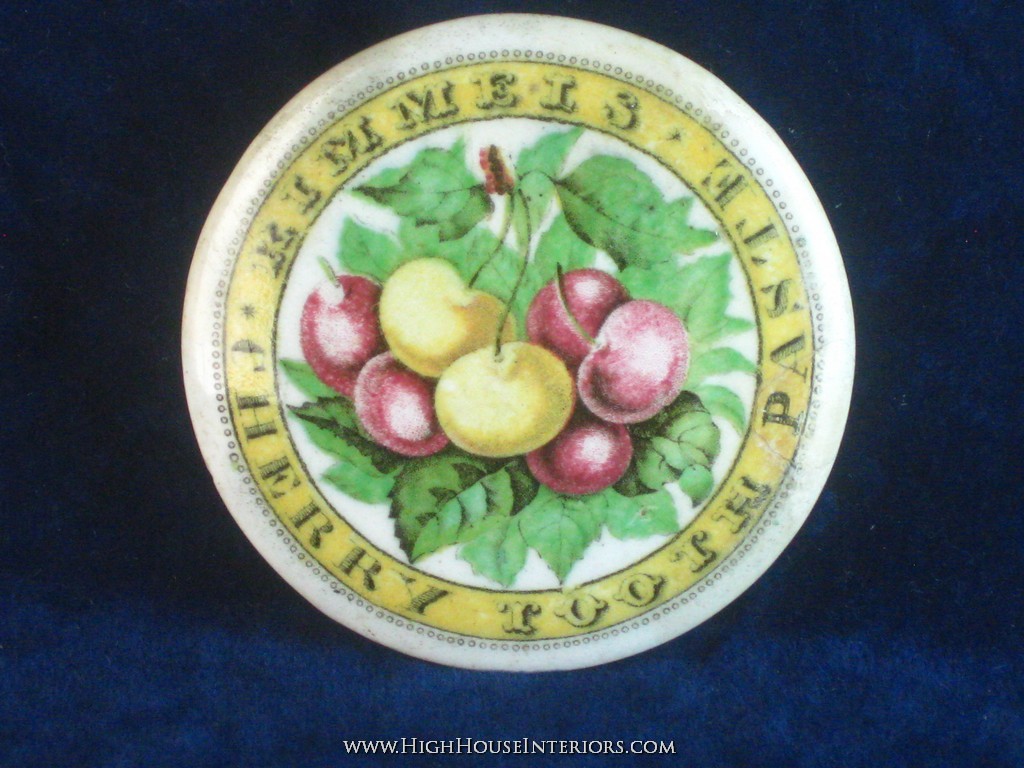 Old Pot Lid Rimmel`s Cherry Tooth Paste Yellow and Red Cherries - Repaired shallow chip to P in