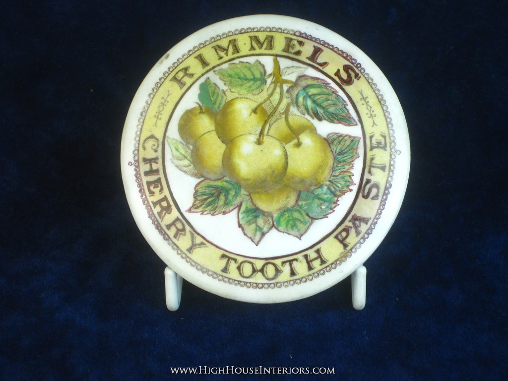 Old Pot Lid Rimmel`s Cherry Tooth Paste yellow Cherries - Has been a broken lid pieced back