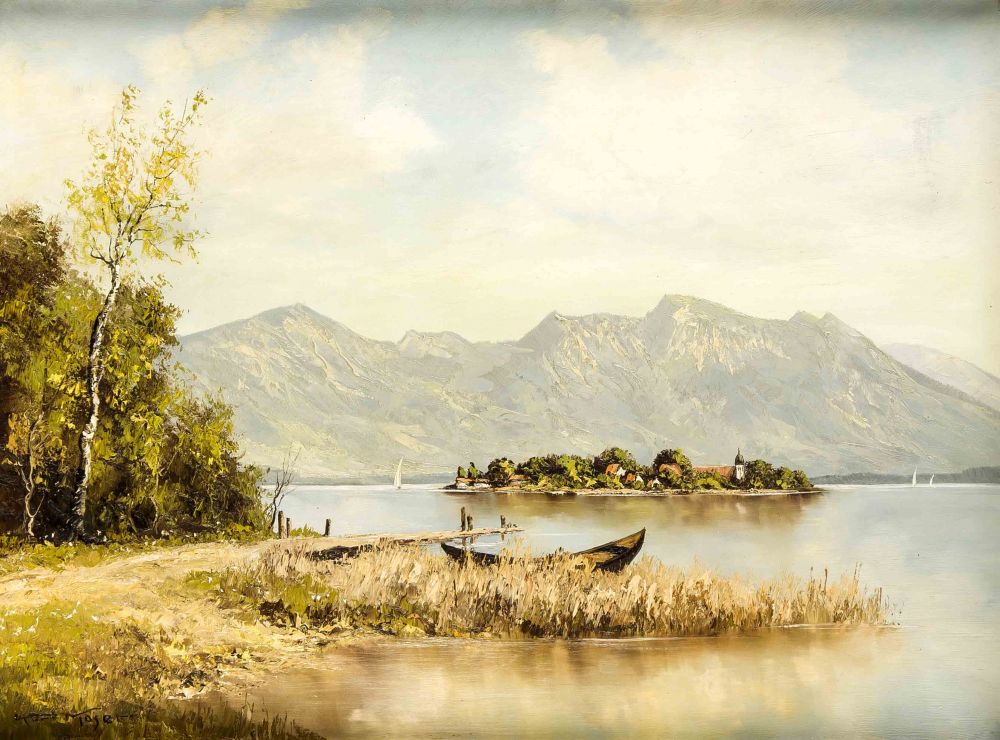 Kurt Moser (1925-1984), österreichischer Maler, Blick vom Ufer des Chiemsees auf die Fraueninsel,
