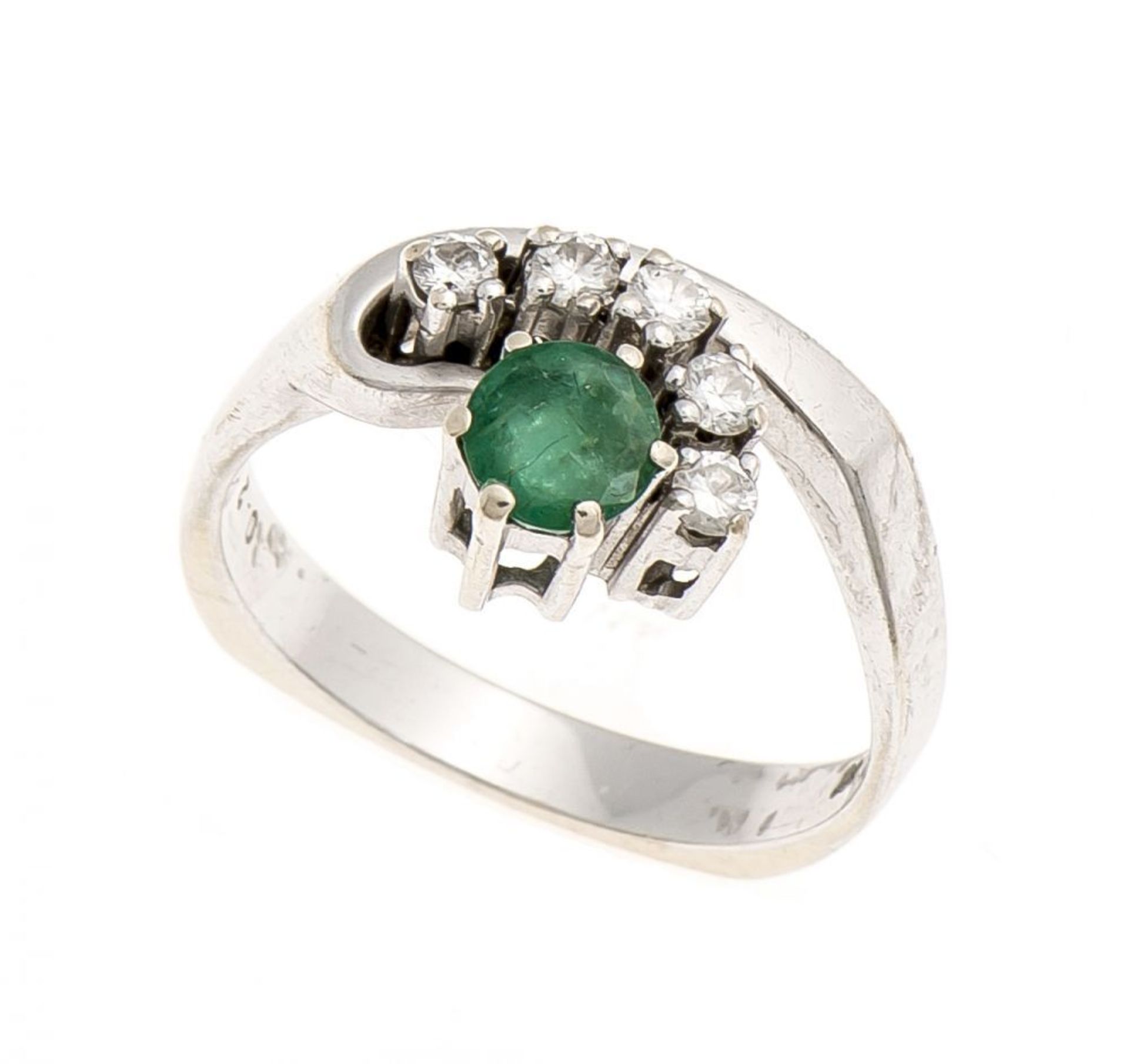 Smaragd-Brillant-Ring WG 750/000 mit einem rund fac. Smaragd 0,46 ct in guter Farbe und 5
