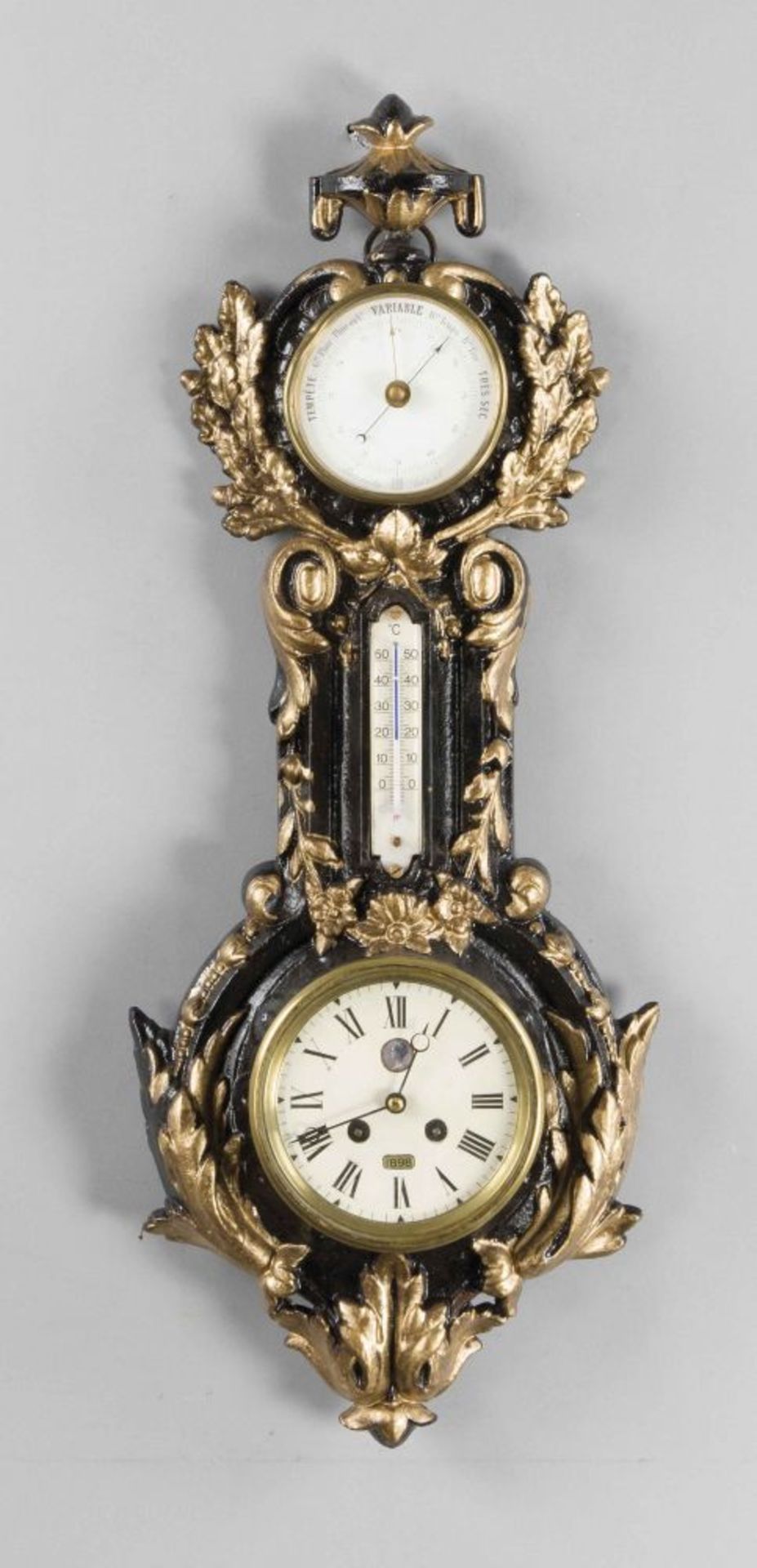 Historismus-Wanduhr mit Thermometer und Barometer dat. 1898, goldbronziertes und schwarz