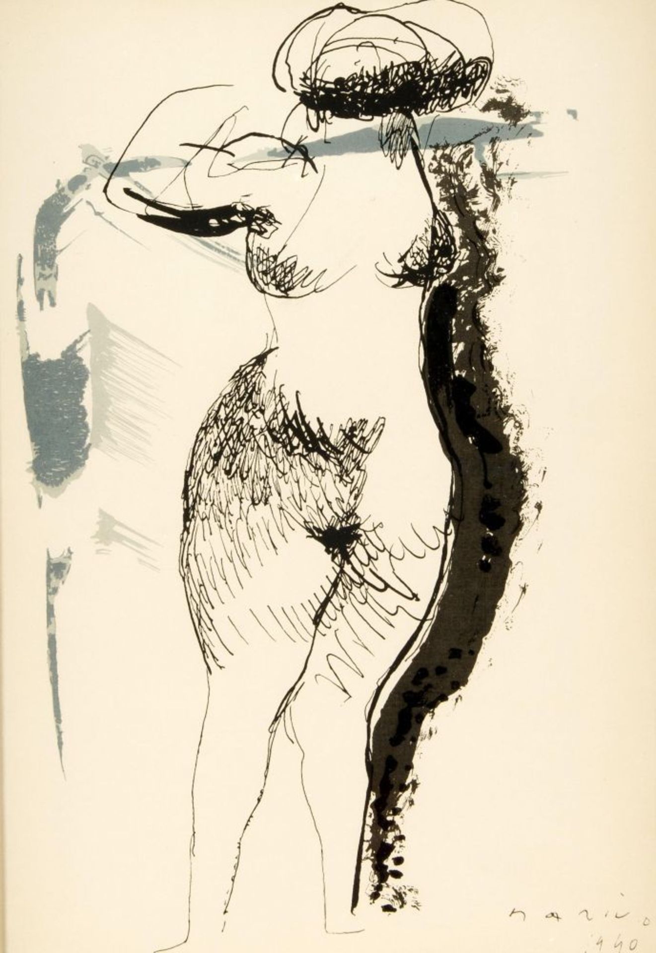 Marino Marini (1901-1980), nach, weibl. Akt, Serigrafie nach einer aquarellierten Federzeichnung aus