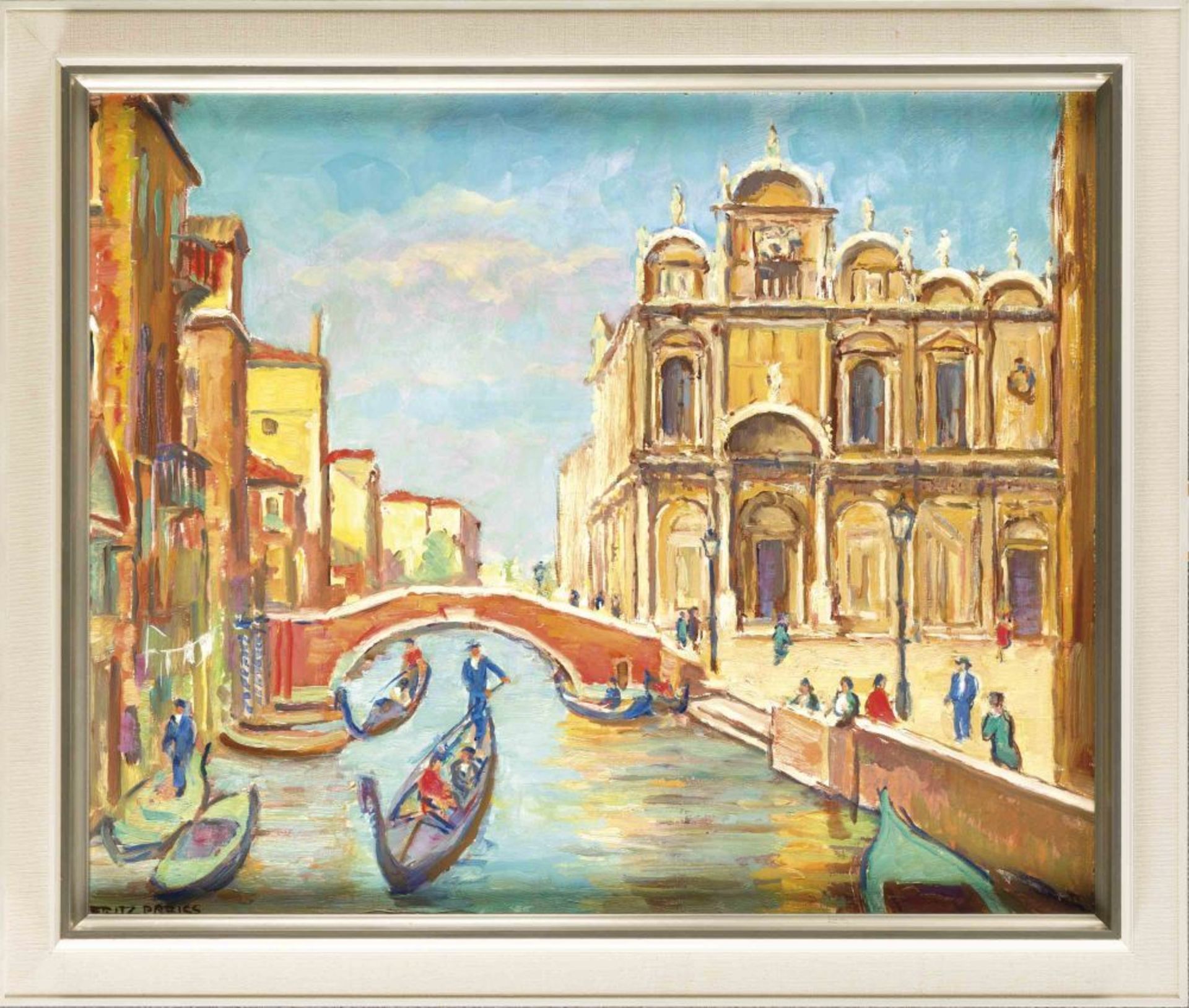 Fritz Preiss (1883-?), Ansicht von Venedig mit Figurenstaffage, Öl/Hartfaser, u. li. sign., 52 x