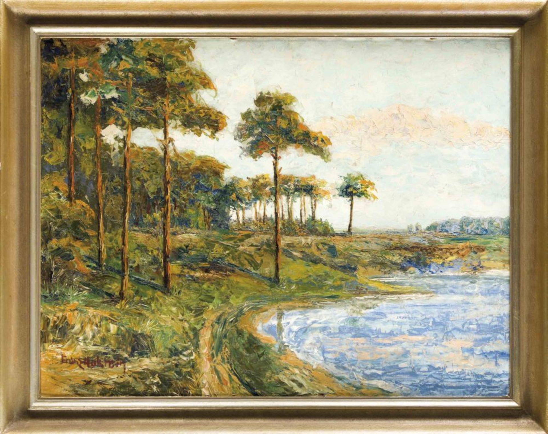 Franz Hokteig, dt. Landschaftsmaler um 1920, sommerliche Uferpartie eines märkischen Sees, pastoser,