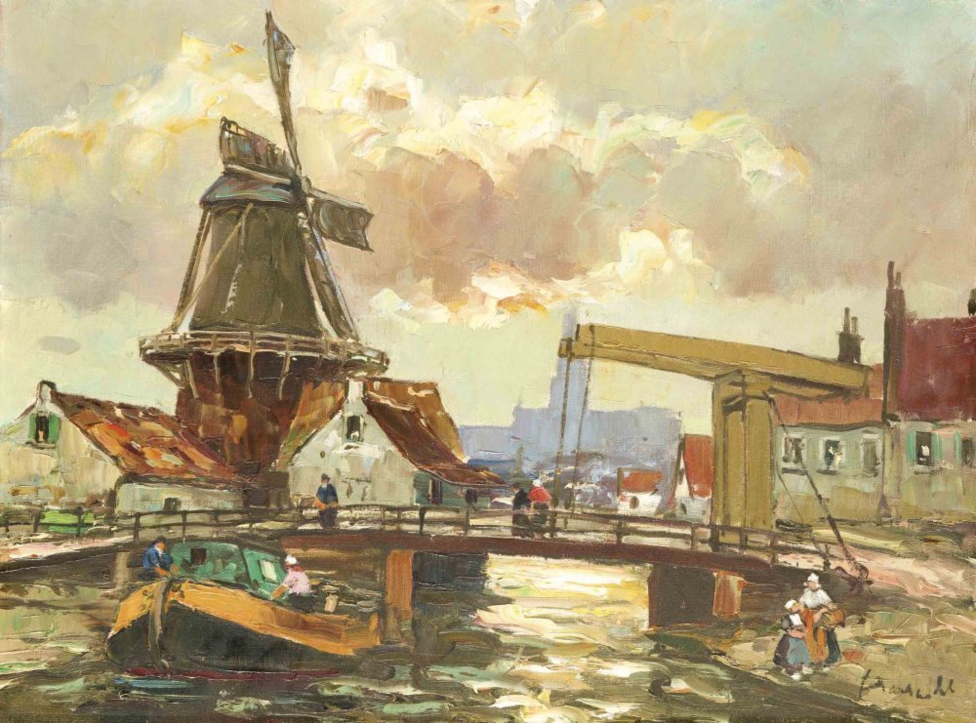 Harry Haerendel (1896-1991), Hamburger Maler, Zugbrücke in holländischer Stadt mit Mühle, Öl/Lwd.,