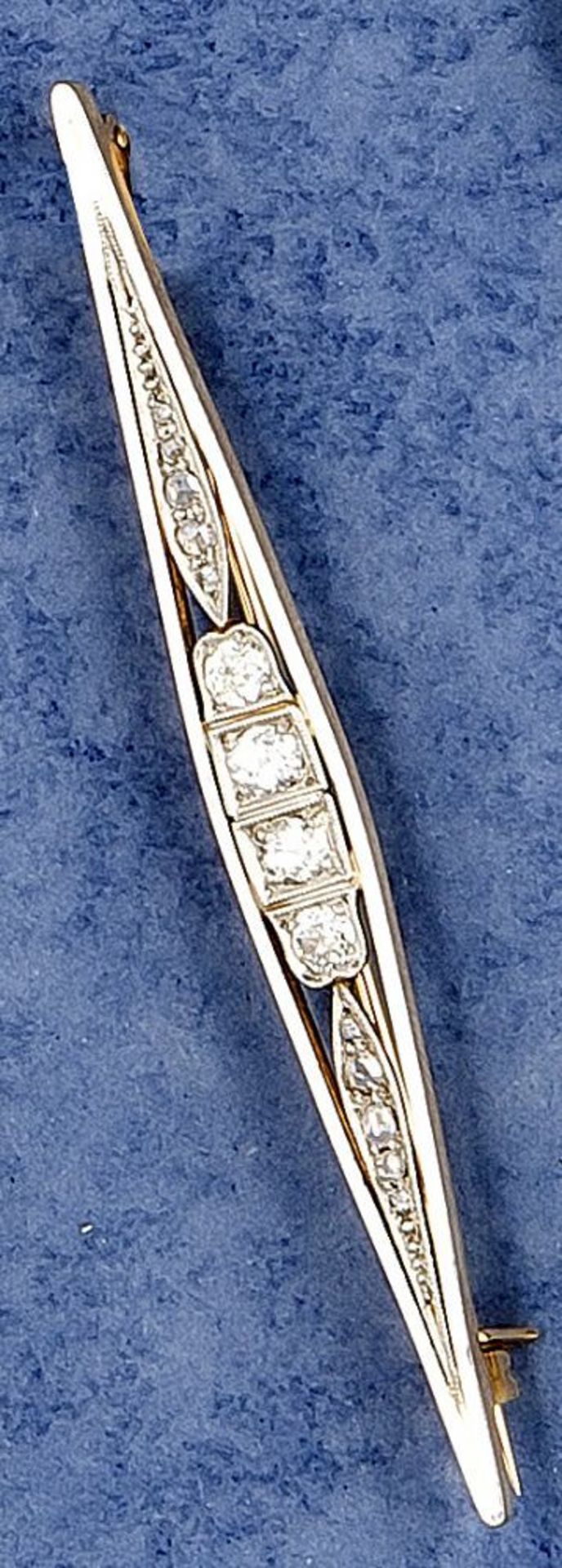 Art Deco Altschliff-Diamant-Brosche GG/WG 585/000 ungest., gepr., mit 4 Altschliff-Diamanten, zus.
