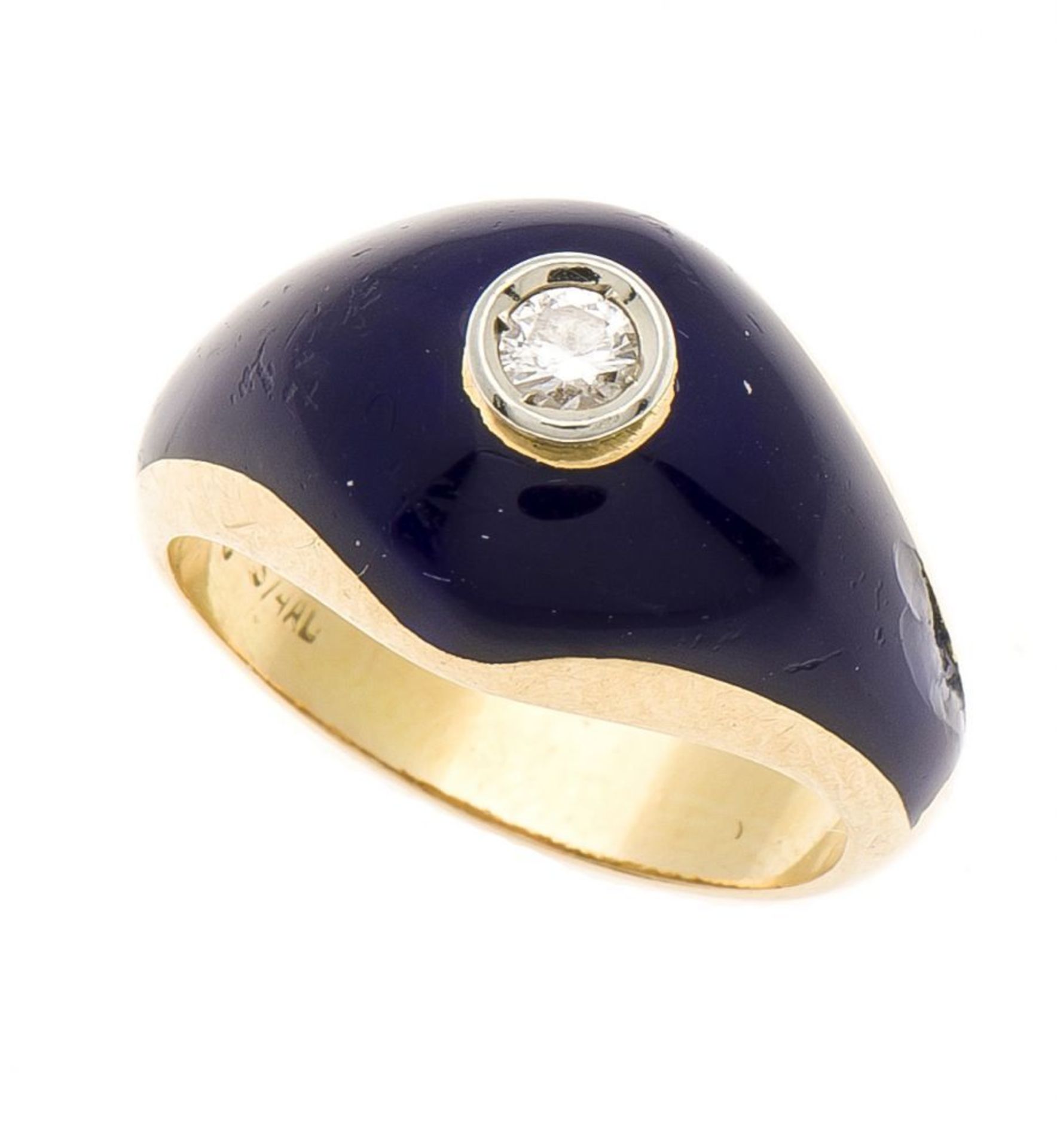 Brillant-Email-Ring GG 750/000 mit einem Brillanten 0,20 ct W/SI und blauem Email, RG 54, 7,6 g