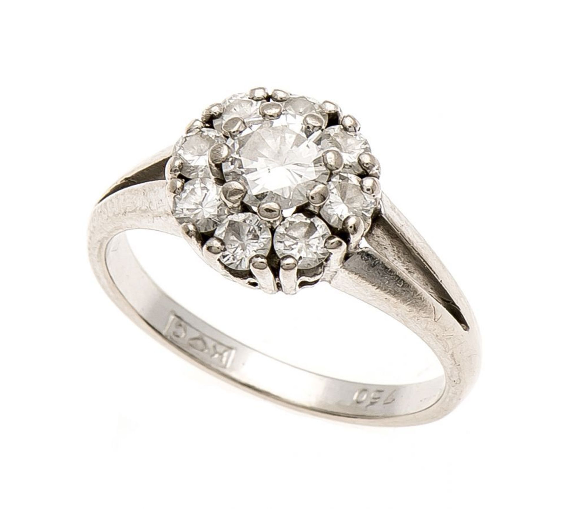 Brillant-Ring WG 750/000 mit einem Brillanten 0,50 ct W/SI und 8 Brillanten, zus. 0,53 ct W/SI, RG