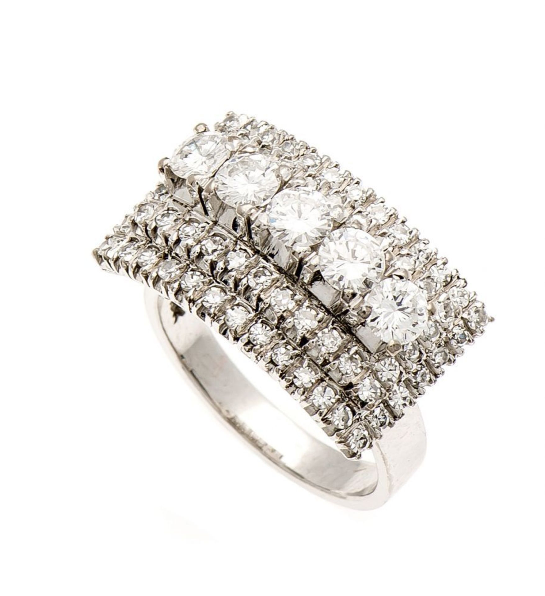 Brillant-Ring WG 750/000 mit 5 Brillanten, zus. 1,0 ct und 64 Diamanten, zus. 1,15 ct TW (F-G)/