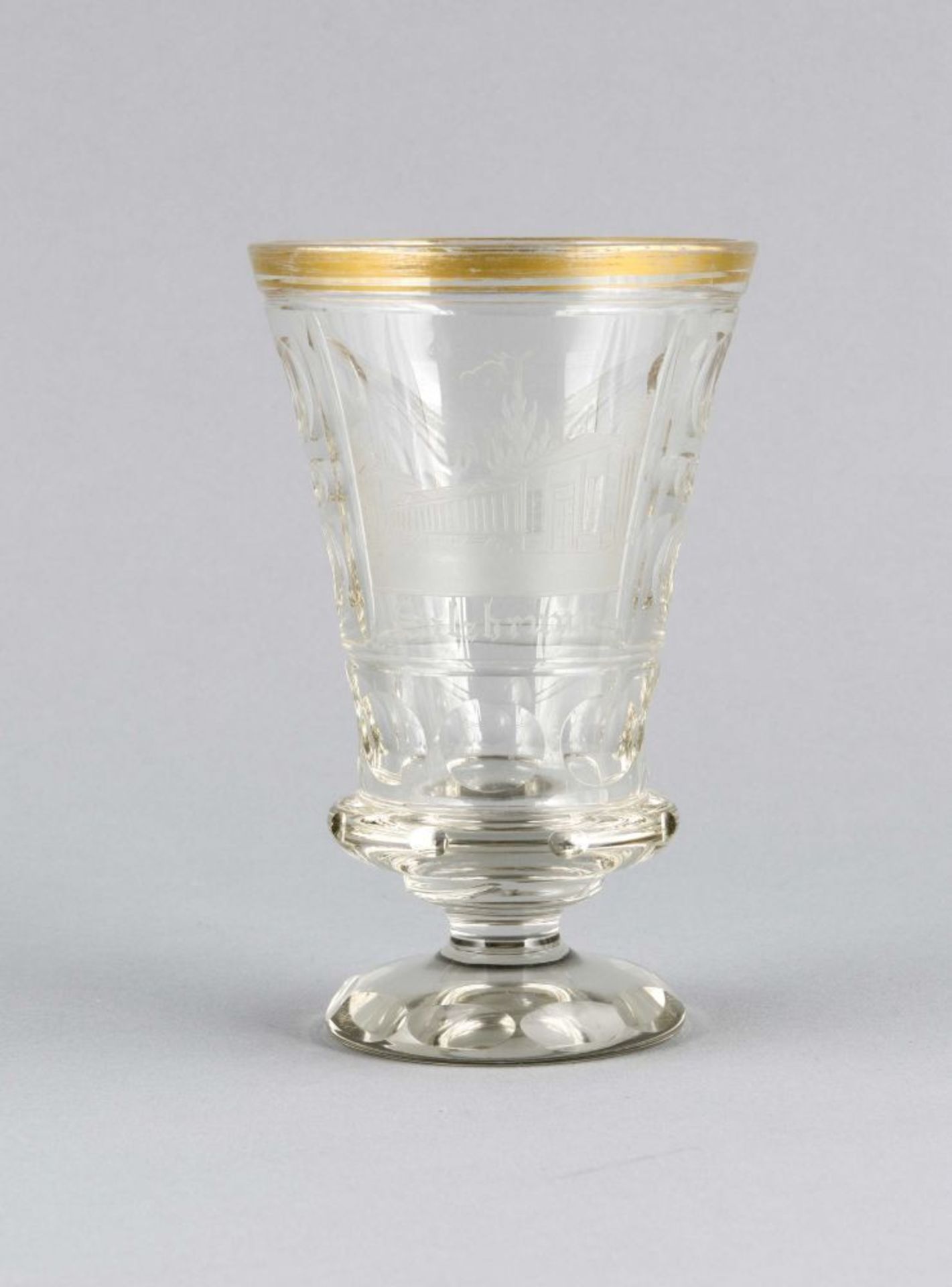 Andenkenglas, um 1900, runder Stand mit Olivenschliffdekor, kurzer Schaft konische Kuppa im