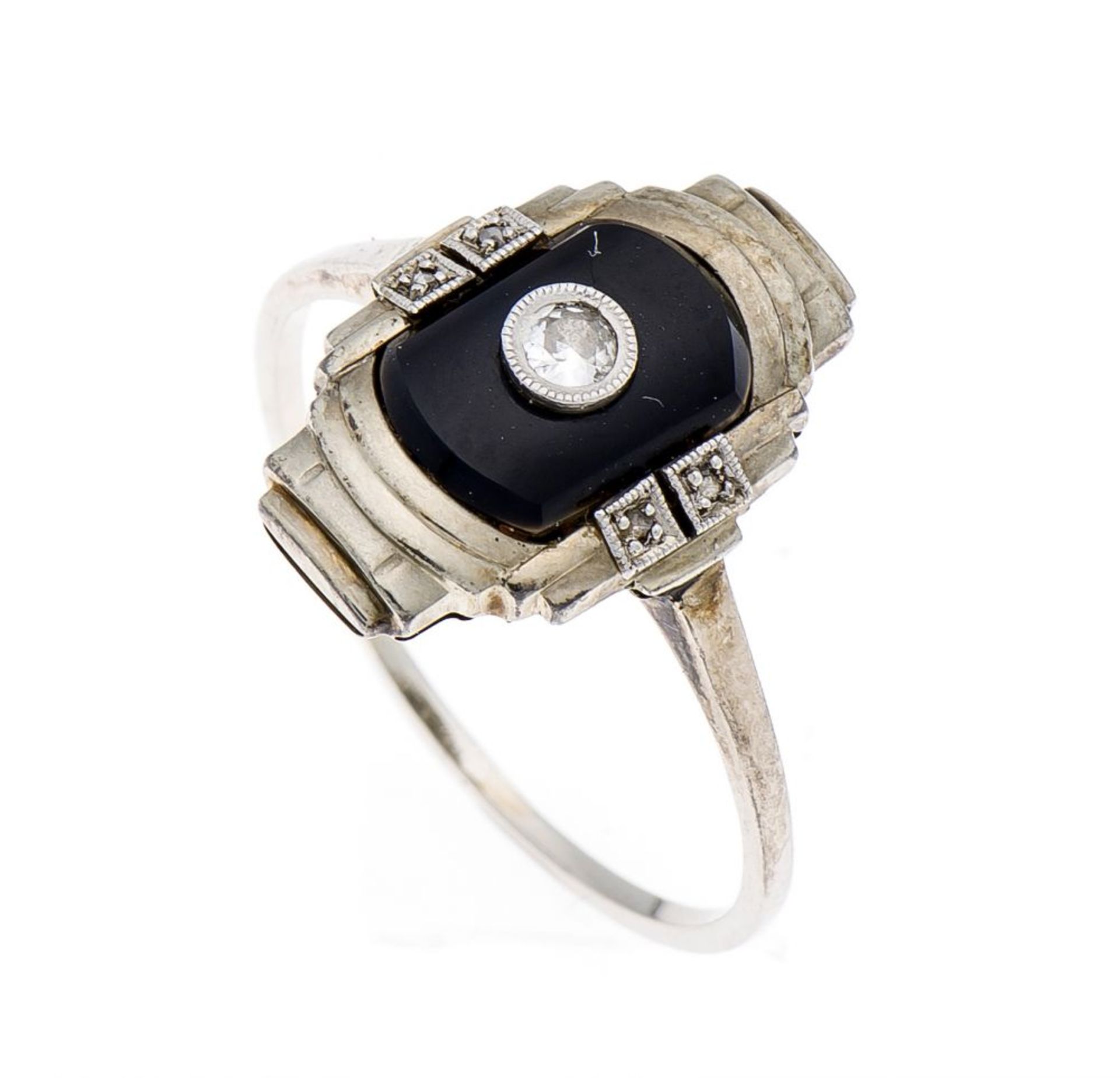 Onyx-Altschliff-Diamant-Ring WG 585/000 mit einem Onyxelement 9 mm, einem Altschliff-Diamanten 0,