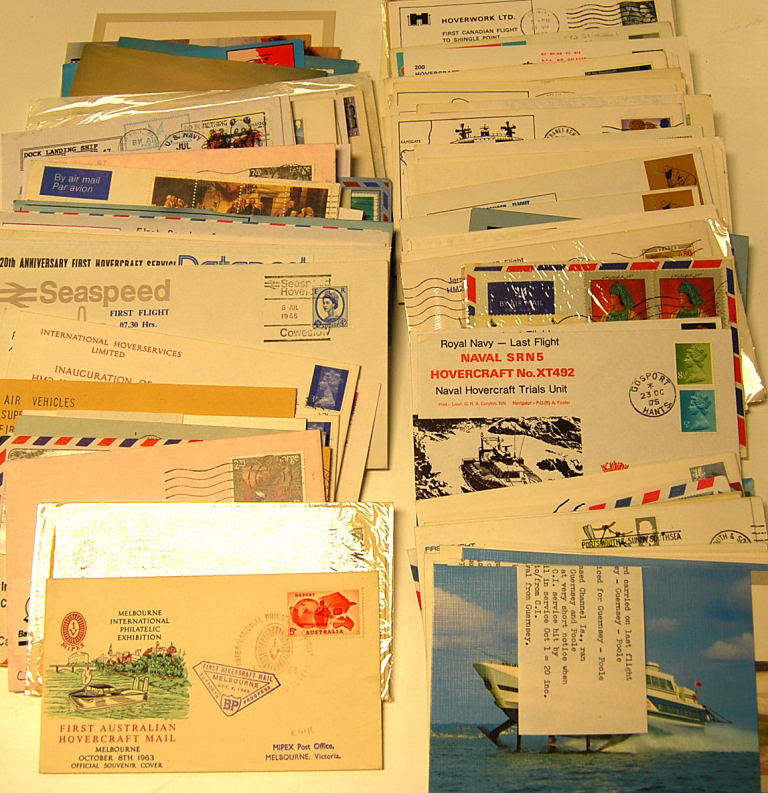 BOX WITH A COLLECTION OF HOVERCRAFT FLOWN COVERS AND CARDS, IN AN ALBUM AND LOOSE, MAINLY GB, SOME