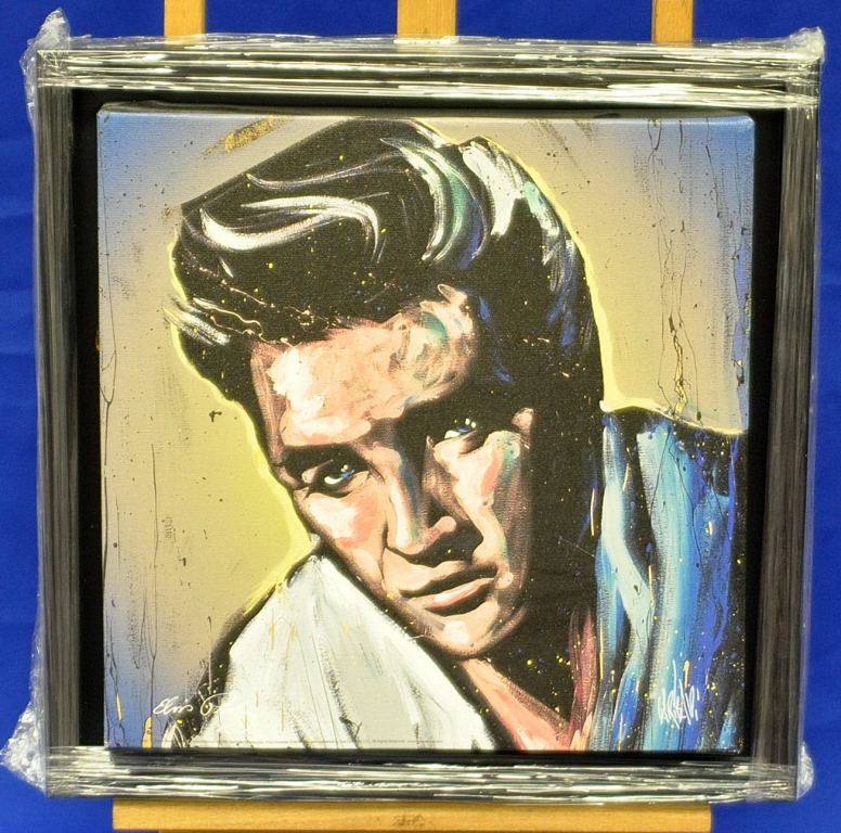 CANVAS PAINTING OF ELVIS BY DAVID GARIBALDI - MOUNTED AND BOX FRAMED (FRAME 37 X 37 CM APPROX)