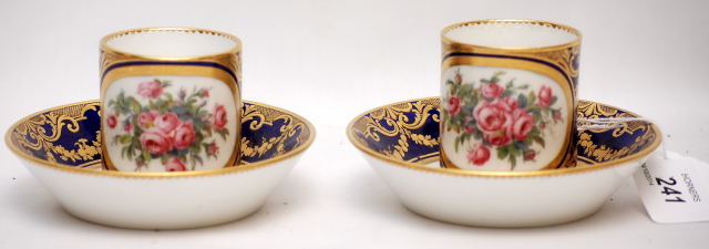 A PAIR OF SEVRES COFFEE CANS AND SAUCERS, INTERLACED MARKS, PROBABLY C19TH