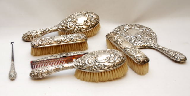 SEVEN PIECE SILVER BRUSH AND MIRROR SET, BIRM. ASSAY