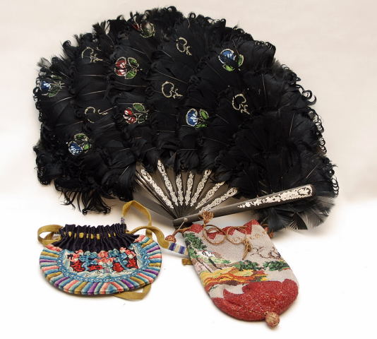 BEADWORK EVENING PURSE, FEATHER FAN AND SILKWORK BAG