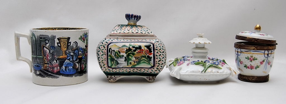 STAFFORDSHIRE MUG, ORIENTAL POT-PORRI, PILLOW SCENT BOTTLE AND SMALL POT