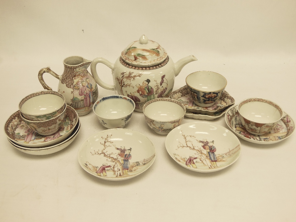 CHINESE QIANLONG TEAWARE DECORATED WITH FIGURES, COMPRISING OF TEAPOT AND COVER, TEA BOWLS, SAUCERS,