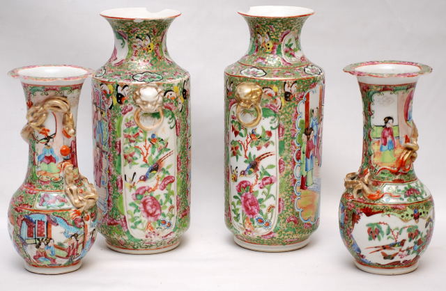 TWO PAIRS OF CANTONESE VASES (ALL WITH DAMAGE)