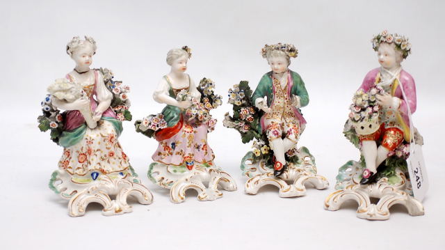 FOUR C18TH FIGURES, TWO BOYS AND TWO GIRLS, EMBLEMATIC OF THE SEASONS,  ENGLISH (LOSSES, DAMAGE