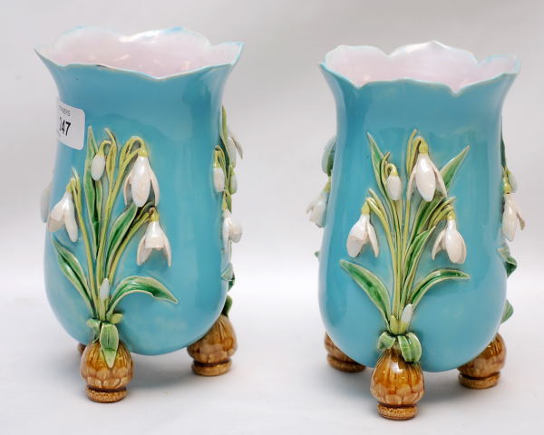TWO C19TH NATURALISTIC VASES, THE BLUE GROUND APPLIED WITH LILIES, PERHAPS MINTON (LOSSES)