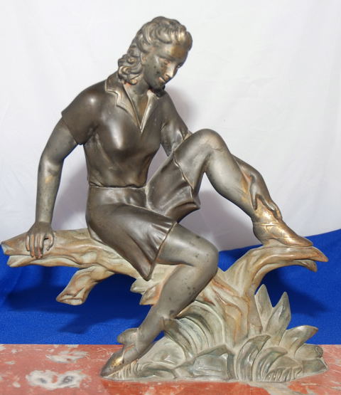 ART DECO WOMAN SITTING ON A BRANCH, ON MARBLE PLINTH, 37CM HT