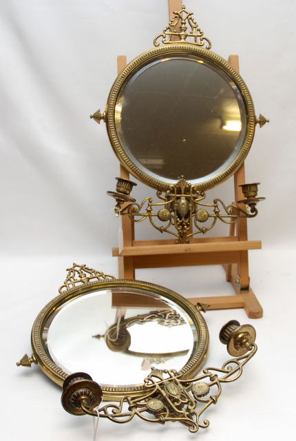 PAIR OF HEAVY CIRCULAR BRASS MIRRORS, WITH SCONCES,C.1900