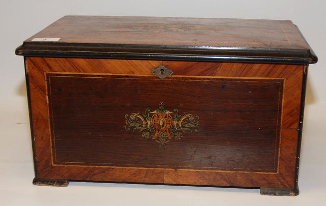 A 19TH CENTURY ROSEWOOD INLAID MUSIC BOX WITH 3.5" CYLINDER PLAYING ON THREE BELLS