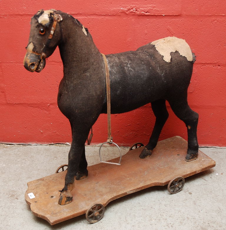 GERMAN PULL-ALONG STRAW FILLED WOODEN HORSE, 85CM
