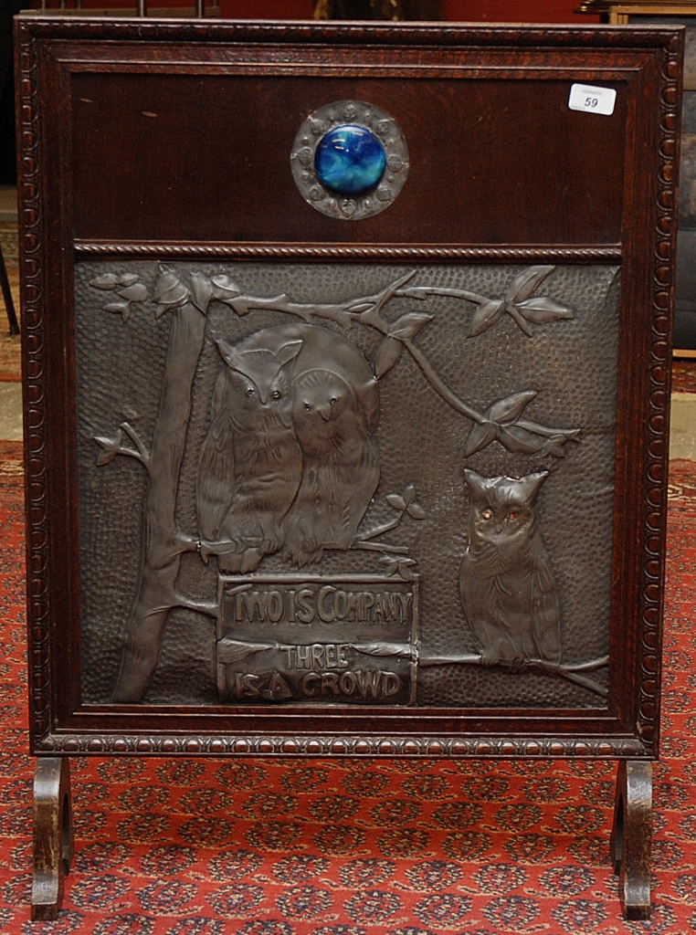 ARTS & CRAFTS PEWTER FIRE SCREEN WITH OWLS AND TEXT "TWO IS COMPANY THREE IS A CROWD" (79 X 57)