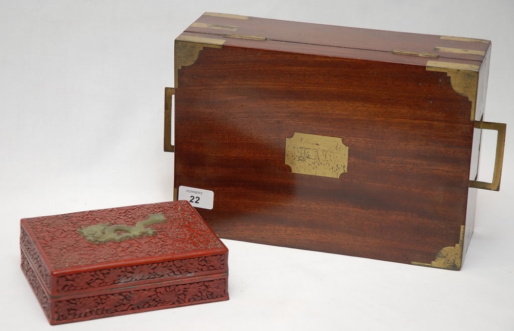 A MAHOGANY BRASS BOUND BOX WITH MILITARY STYLE HANDLES AND A RED ORIENTAL LACQUERED JEWELLERY BOX