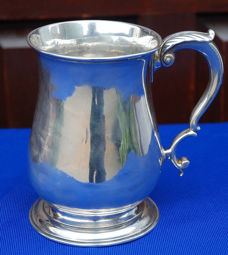 A GEORGE II SILVER BALUSTER MUG, WITH SCROLL ACANTHUS HANDLE, LONDON 1757