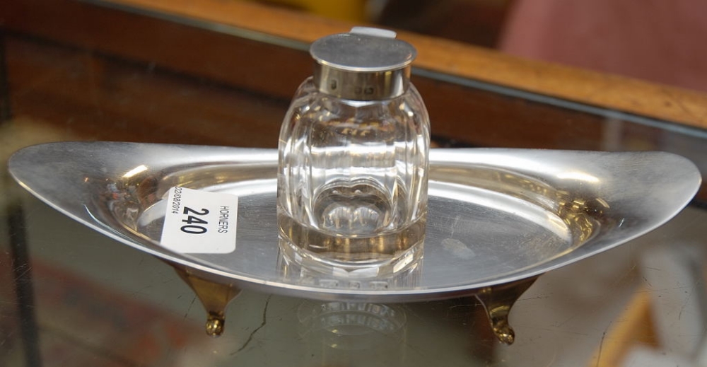 SILVER INKSTAND WITH FACETED GLASS INK BOTTLE WITH SILVER TOP