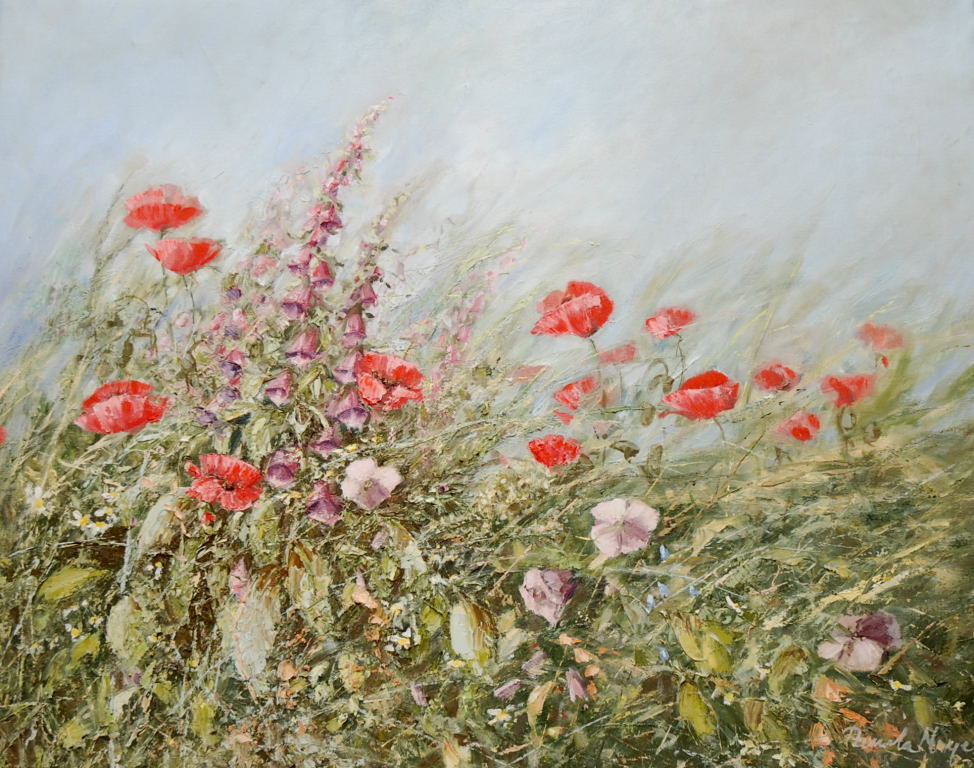 OIL ON CANVAS "POPPIES IN THE WIND" BEARING SIGNATURE PAMELA NOYES (Exhibited at the Royal Academy),