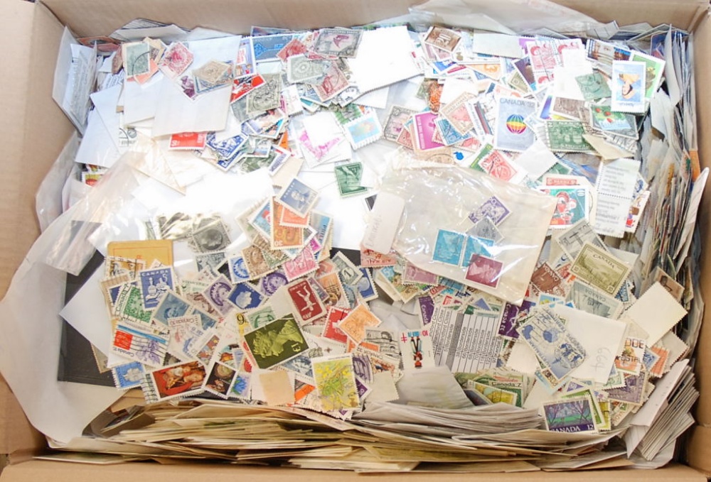 BOX OF ALL WORLD STAMPS, MANLY OFF PAPER, SOME IN PACKETS, ENVELOPES, ON CARDS, ETC. (MANY 1000'S)