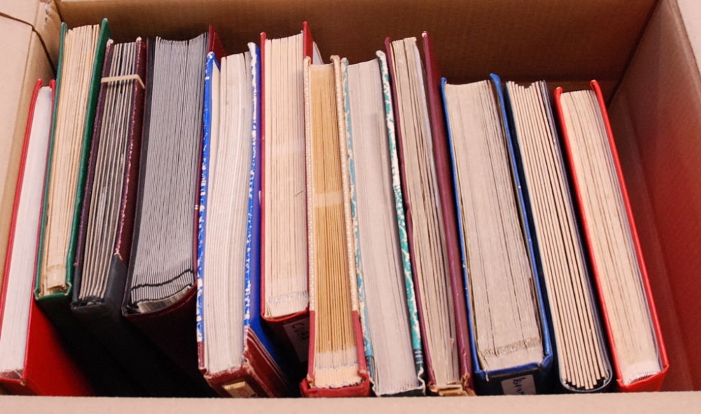 BOX WITH ALL WORLD IN TWELVE LARGER STOCKBOOKS, EUROPE, CUBA, MARITIME THEMATICS, ETC. (1000'S)