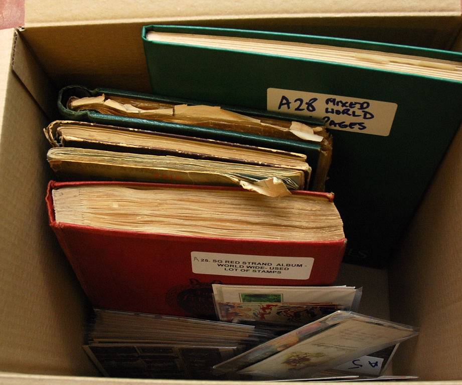 BOX WITH COLLECTIONS IN FOUR ALBUMS, STOCKBOOKS, FEW POSTCARDS ETC. (MANY 100'S)