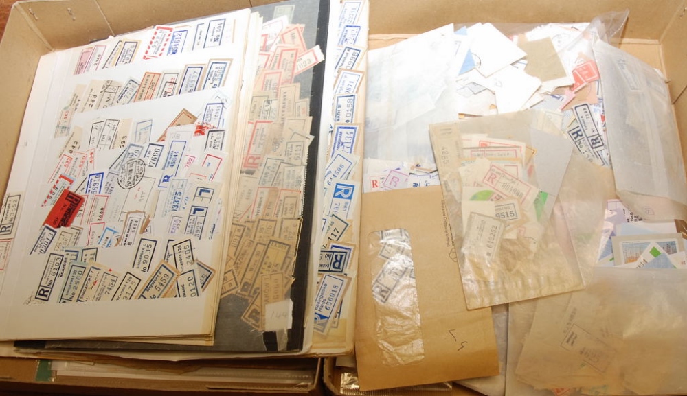 BOX WITH VAST QUANTITY ALL WORLD REGISTRATION LABELS, ON STOCKCARDS, IN PACKETS AND LOOSE (1000'S)