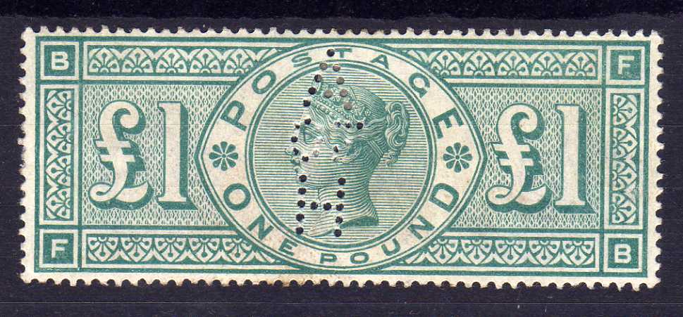 GB PERFINS: 1891 £1 GREEN UNUSED OG WITH 'A/CF/H' PERFIN, VERTICAL CREASING (1)