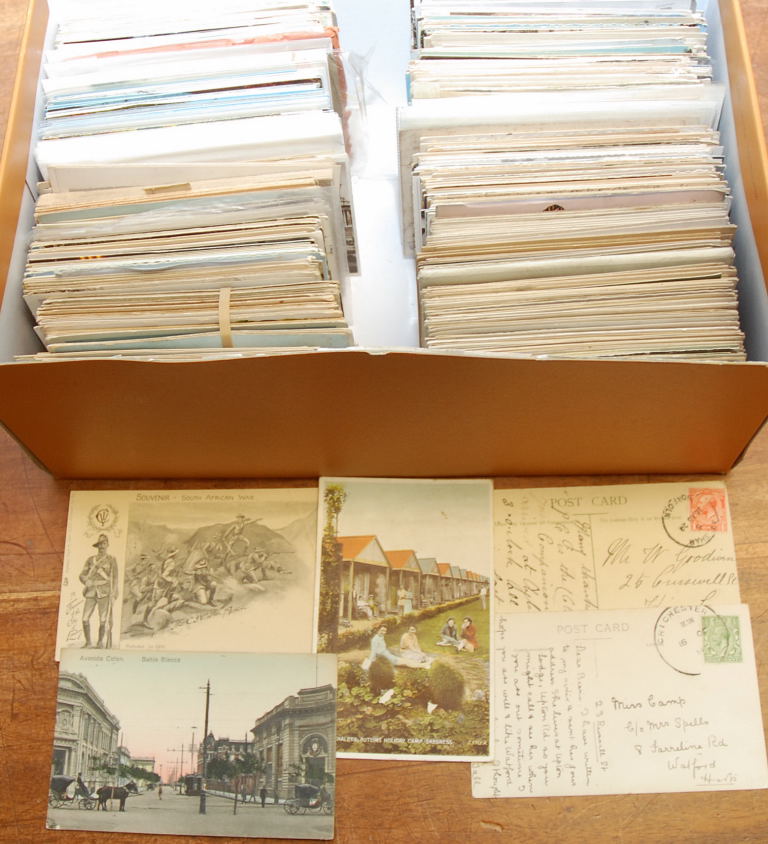 BOX OF MIXED OLD POSTCARDS, COMIC, OVERSEAS, POSTMARKS, USA, ARGENTINA, EGYPT, ETC. (APPROX. 1000)