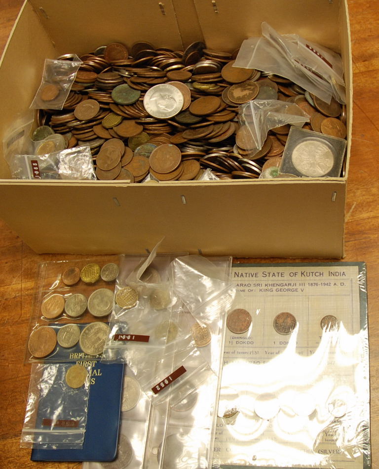 LARGE BOX WITH HEAVY ACCUMULATION MAINLY GB COINS, PENNIES, CROWNS, 1953 PLASTIC SET, ETC. (MANY