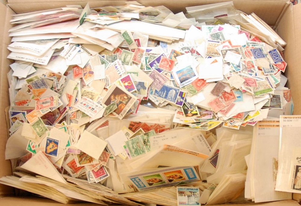 BOX OF ALL WORLD STAMPS, MANLY OFF PAPER, SOME IN PACKETS, ENVELOPES, ON CARDS ETC. (MANY 1000'S)