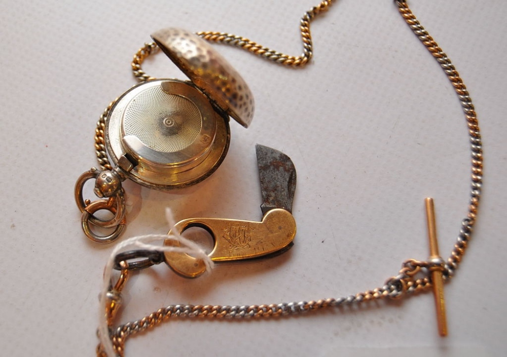 AN 18CT WHITE AND ROSE GOLD WATCH CHAIN WITH 18CT CIGAR CUTTER, SILVER SOVEREIGN HOLDER, APPROX - Image 2 of 2